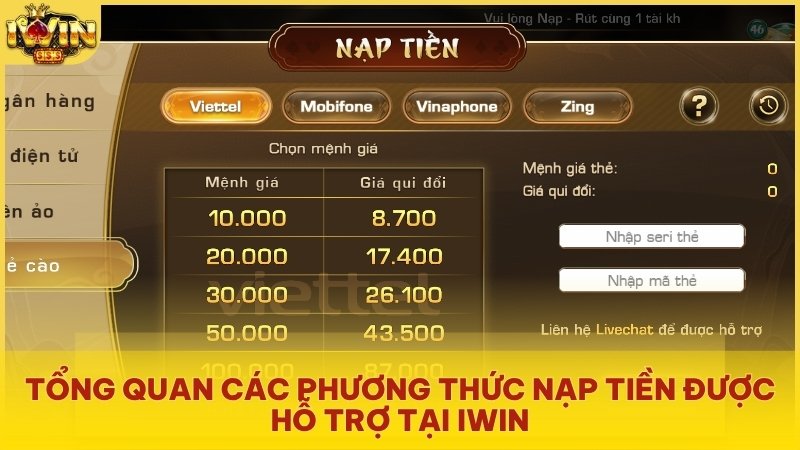 Các phương thức nạp tiền được IWIN hỗ trợ